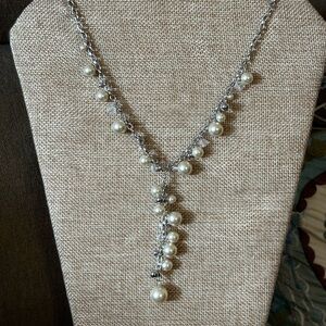 Chic Silver Pearl Drop Necklace, Y necklace elegant jewelry, new